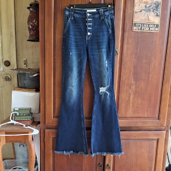 KanCan Navy Flare Jeans with Distressed Accents - Picture 1 of 3